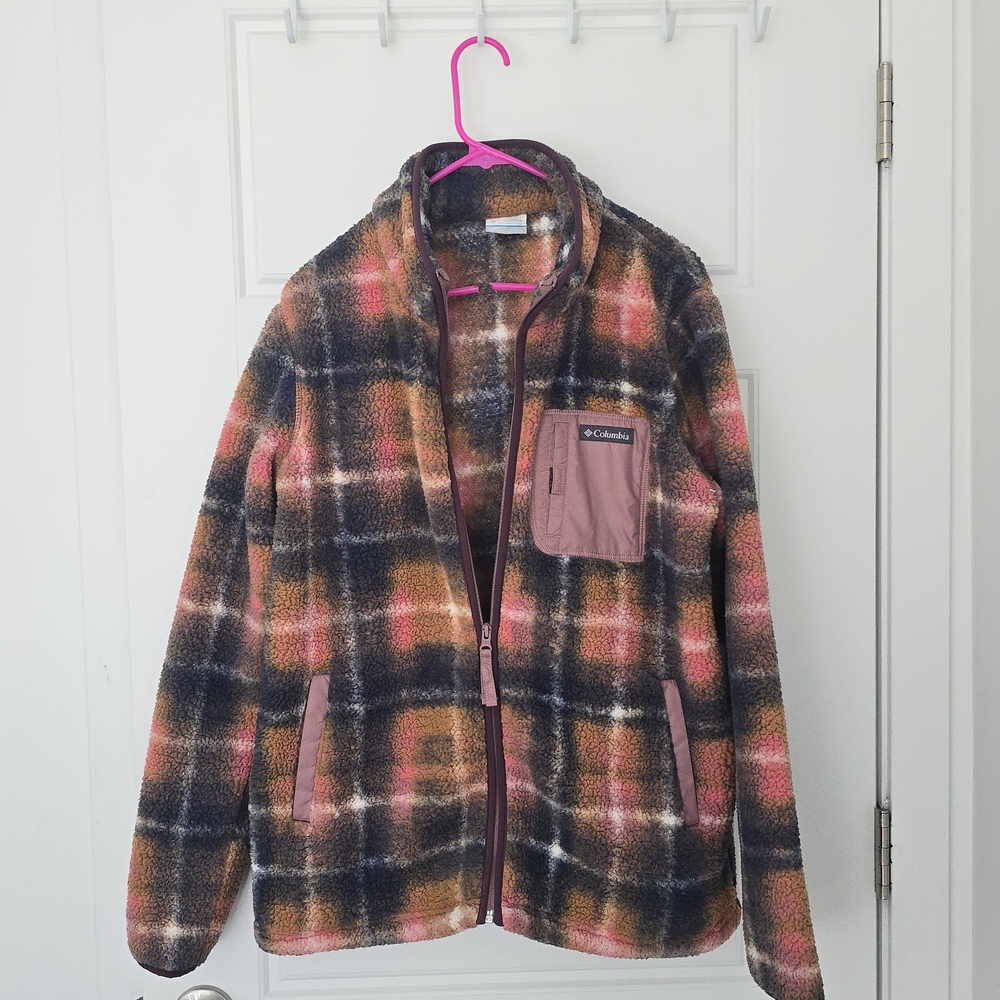 Columbia Plaid Sherpa Fleece Jacket - Pink, Brown, Black